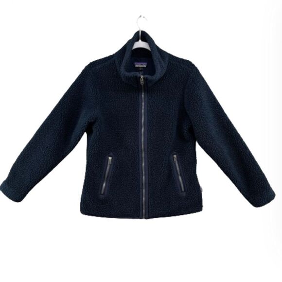 Patagonia Divided Sky Jacket Navy Blue Womens Medium  Fleece Teddy Full Zip Coat - Picture 1 of 12